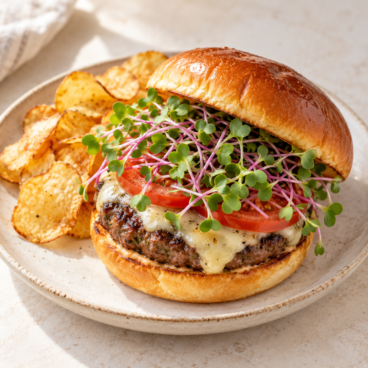 Burger with radish microgreens