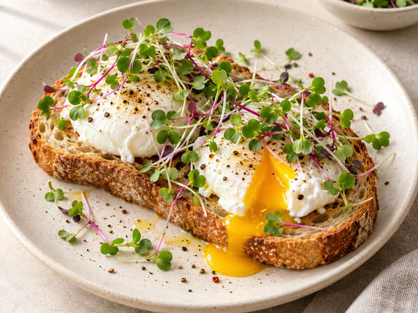 Poached eggs on toast with mixed microgreens
