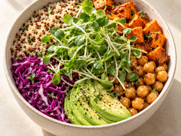 Grain bowl with sunflower microgreens