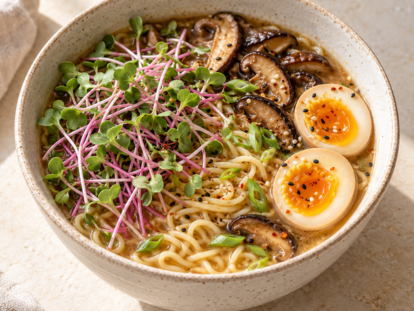 Ramen with radish and pea shoot microgreens