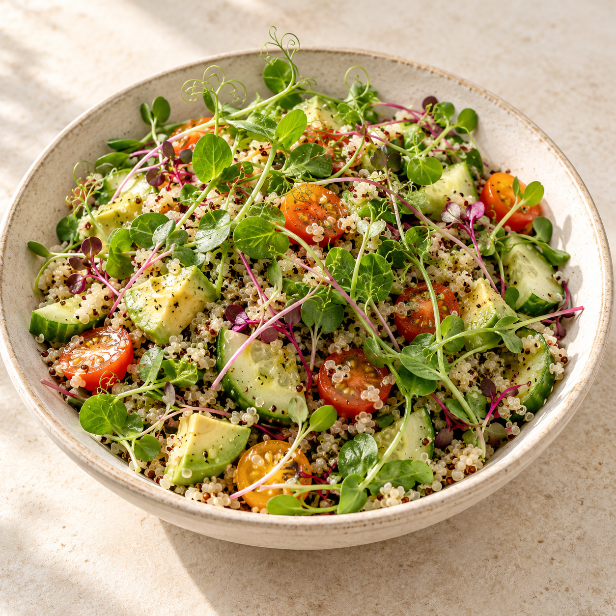 Quinoa salad with pea tendril microgreens