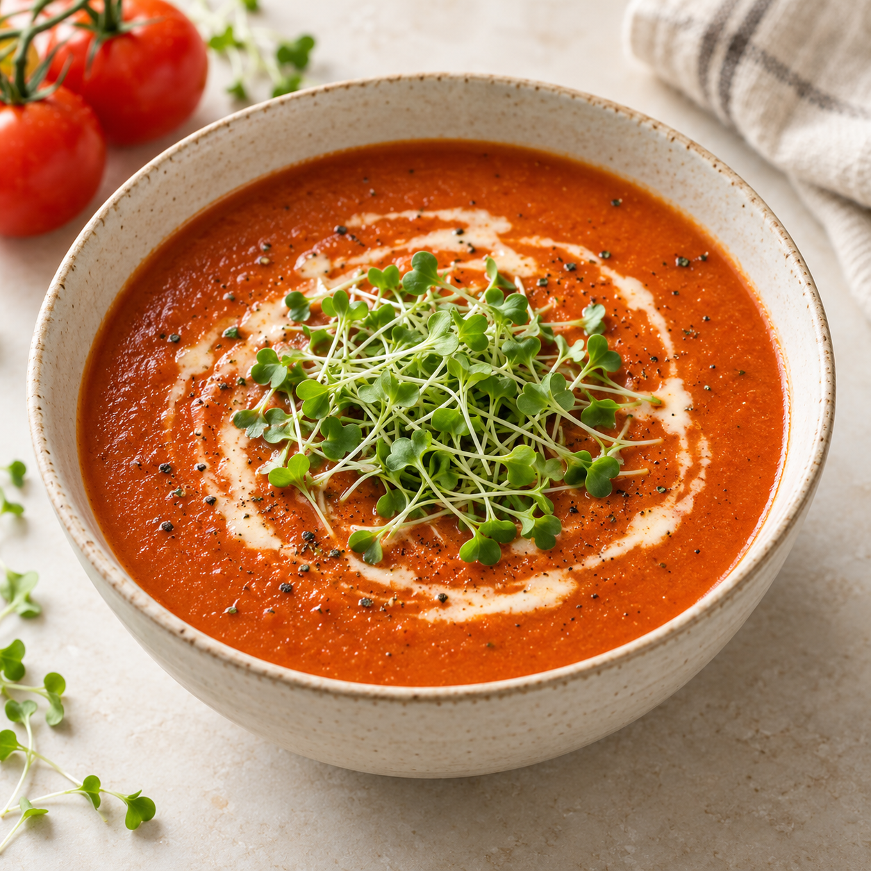 Tomato soup with broccoli microgreens