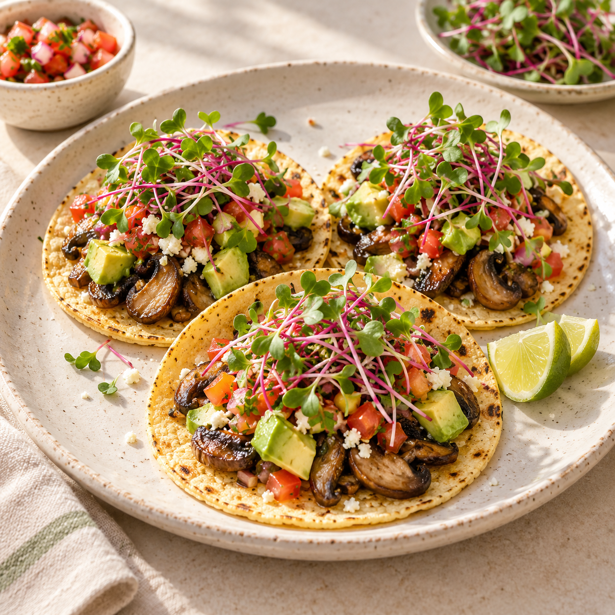 Mushroom tacos with radish microgreens